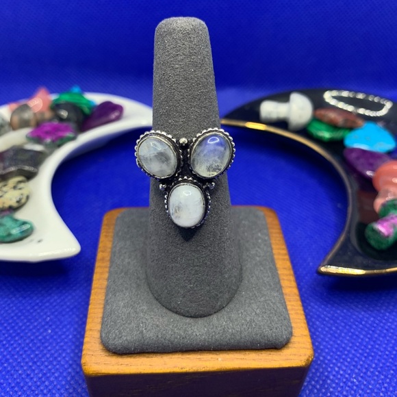 FLASH Moonstone Trio Ring! .925 Sterling Silver Plated, Size 7.25 - Picture 1 of 12
